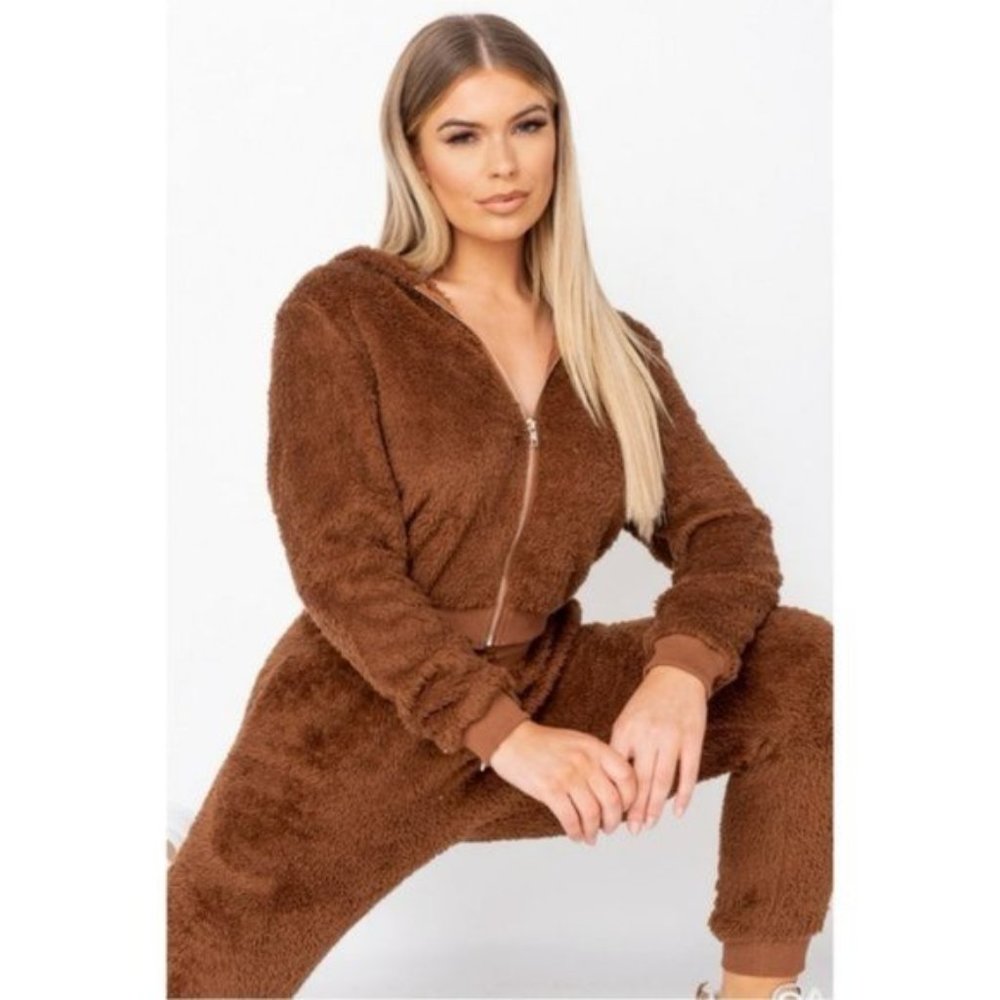 Brown Teddy Bear Fur Long Sleeve Hooded Crop Top and Jogger Pants Two Piece Set - Picture 13 of 15